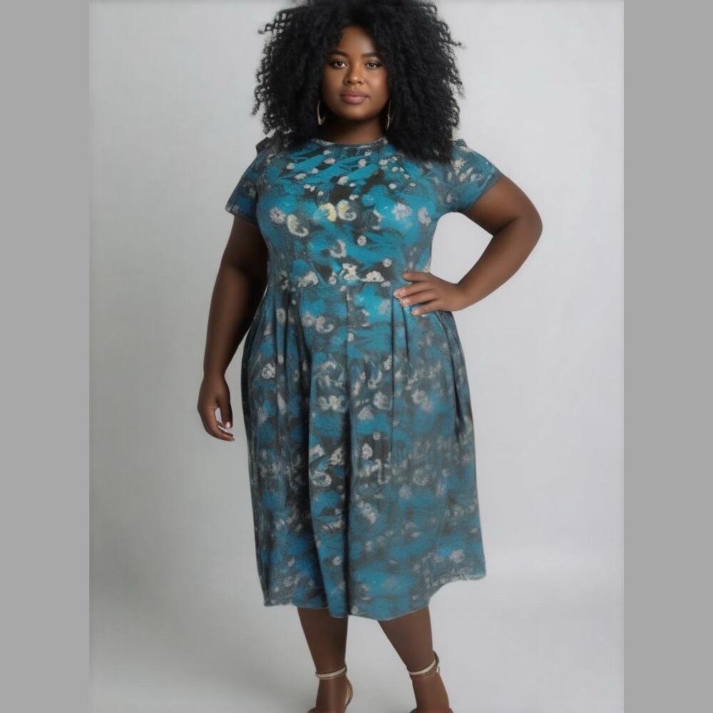 LuLaRoe Womens Dress 2XL Amelia Teal Floral Box Pleat Gray Blue Flowers POCKETS!